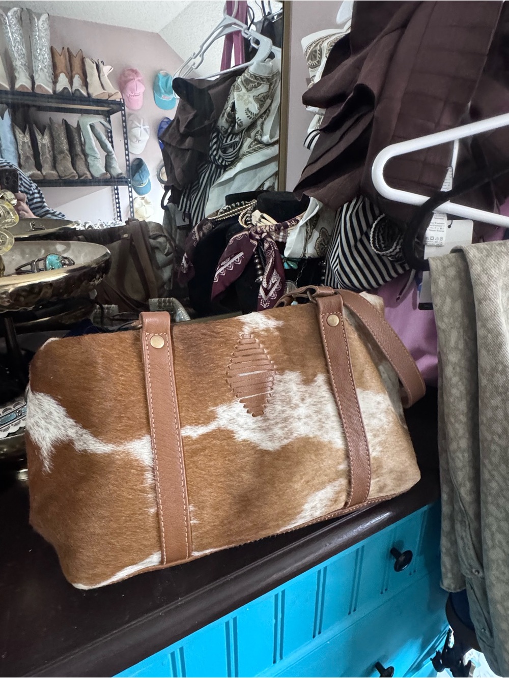 Myra Bag Brown and White Cowhide Shoulder Satchel
